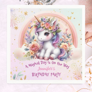 Serviette En Papier Unicorn Anniversaire fille rose floral arc-en-ciel