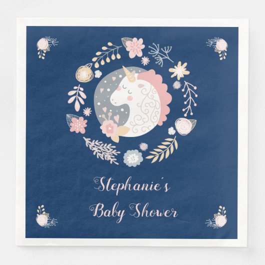 Serviette En Papier Unicorn Blush & Navy Baby shower Personnalisé (Devant)