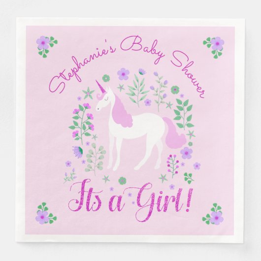 Serviette En Papier Unicorn C'Est Une Fille Baby shower Rose Personnal (Devant)