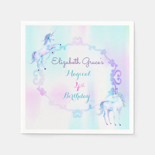 Serviette En Papier Unicorn Magique Arc-en-ciel Lavande rose Turquoise (Devant)