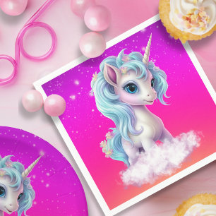 Serviette En Papier Unicorne sur le nuage avec un ciel rose vif solide
