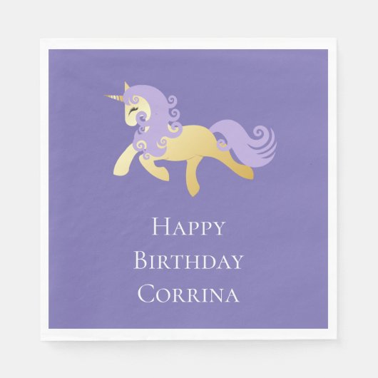 Serviette En Papier Unicorne violette or (Devant)