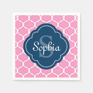 Serviette En Papier Unique Motif en treillis rose marine Monogramme bl