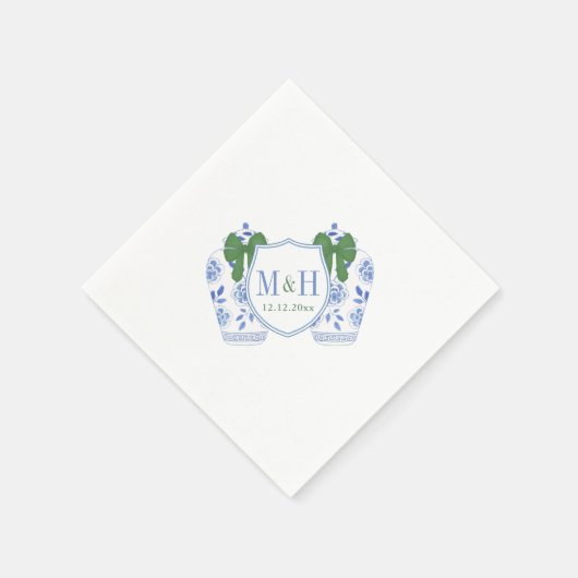 Serviette En Papier Vacances Bleues Vertes Monogramme Crest Mariage (Coin)