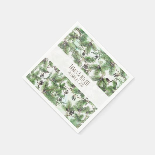 Serviette En Papier Vacances Green & Pine Cônes Pays Mariage d'hiver (Coin)