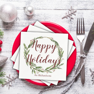 Serviette En Papier Vacances Joyeuses Minimalistes Aquarelle Pine Wrea