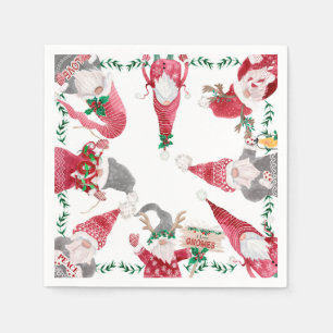 Serviette En Papier Vacances Rouge Gris Gris Gnomes Noël Fête Aquarell