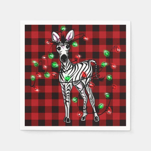 Serviette En Papier Vacances Zèbre, tartan rouge, lumières scintillant (Devant)