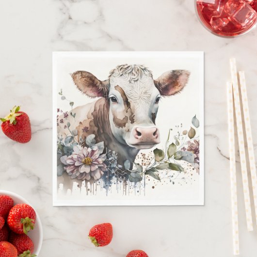 Serviette En Papier Vache d'aquarelle en Fleur sauvage (En situation)