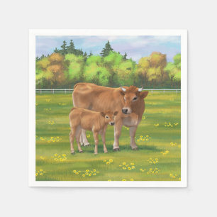 Serviette En Papier Vache d'Aubrac et veau mignon dans le pâturage de
