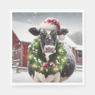 Serviette En Papier Vache de Noël portant une couronne