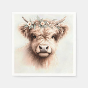 Serviette En Papier Vache des Highlands Bohème à l'aquarelle avec pièc