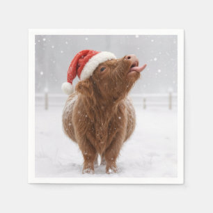 Serviette En Papier Vache des Highlands de Noël attrapant des flocons
