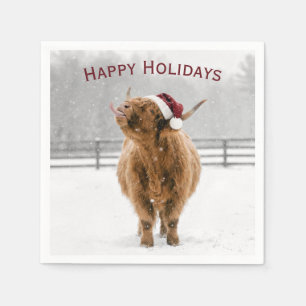Serviette En Papier Vache des Highlands de Noël léchant des flocons de