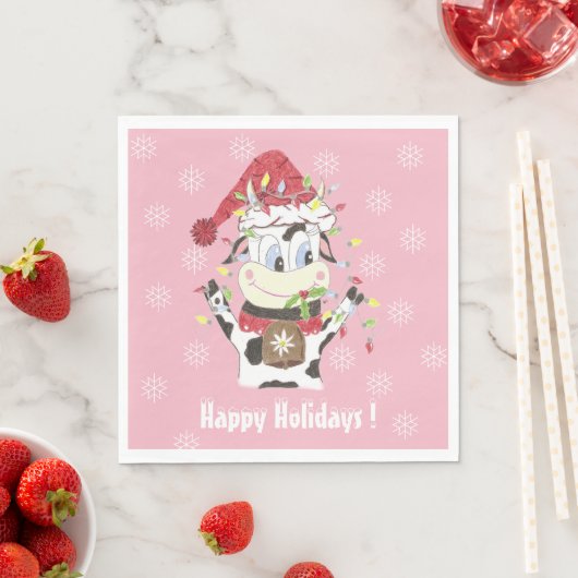 Serviette En Papier Vache Doodle avec les lumières de Noël Papier rose (En situation)