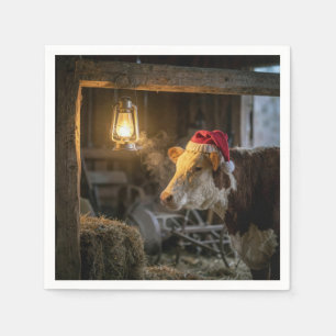 Serviette En Papier Vache Hereford de Noël dans une grange