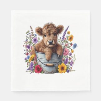 Serviette En Papier Vache Highland dans le seau à fleurs, mignonne