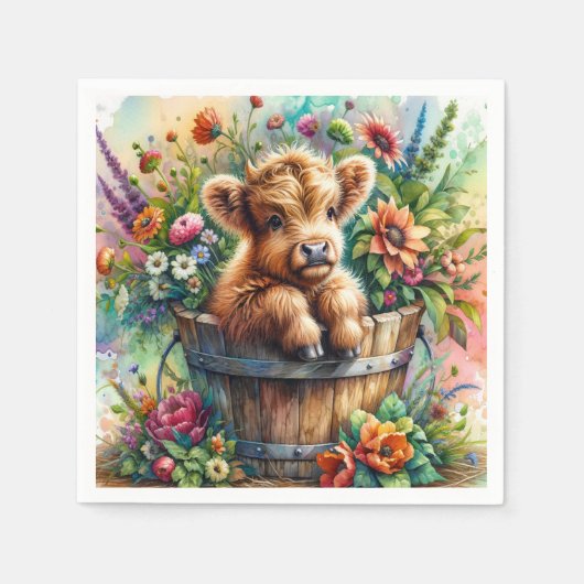 Serviette En Papier Vache Highland en fleurs (Devant)