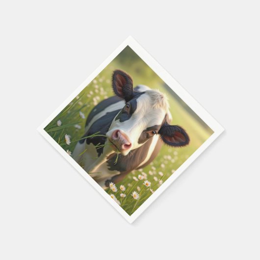 Serviette En Papier Vache Holstein En Pâturage Vert Avec Marguerites (Coin)