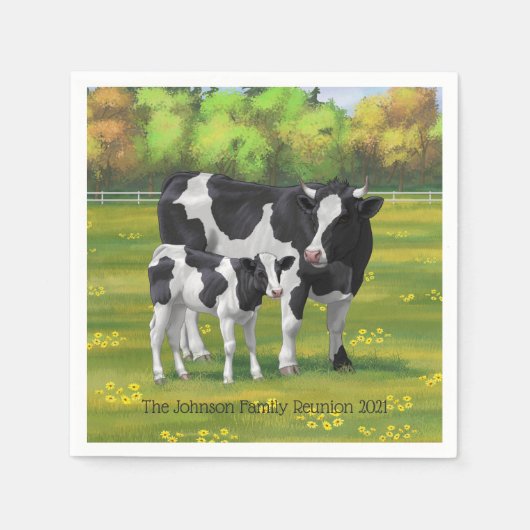 Serviette En Papier Vache Holstein et veau mignon en pâturage d'été (Devant)