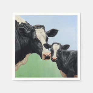 Serviette En Papier Vache Holstein noire et veau mignon