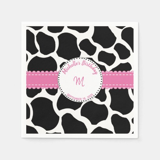 Serviette En Papier Vache Imprimer rose noir Anniversaire (Devant)