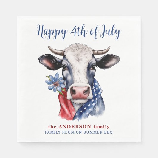 Serviette En Papier Vache Joyeux 4 juillet Rouge Blanc Bleu Patriotiqu (Devant)