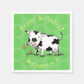 Serviette En Papier Vache mignonne en vert dessin animé sur le terrain (Devant)