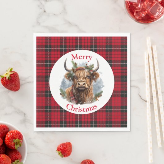 Serviette En Papier Vache rouge À damiers Noël Highlander (En situation)