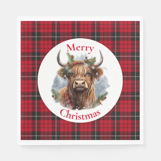 Serviette En Papier Vache rouge À damiers Noël Highlander (Devant)