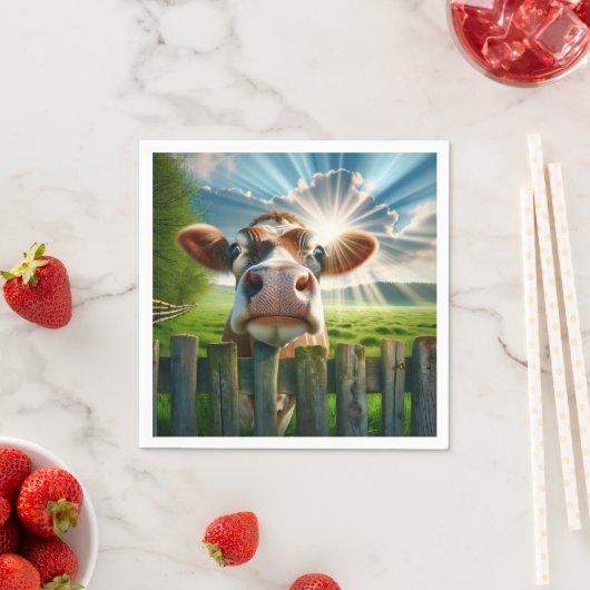 Serviette En Papier Vache Whimsical Qui Peigne Sur La Clôture (En situation)