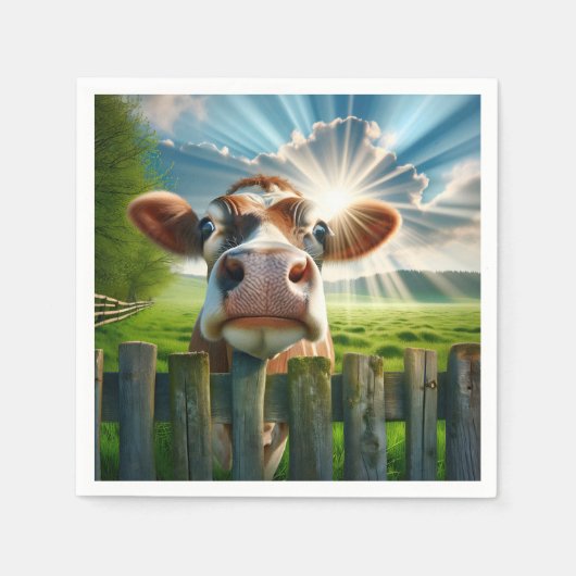 Serviette En Papier Vache Whimsical Qui Peigne Sur La Clôture (Devant)