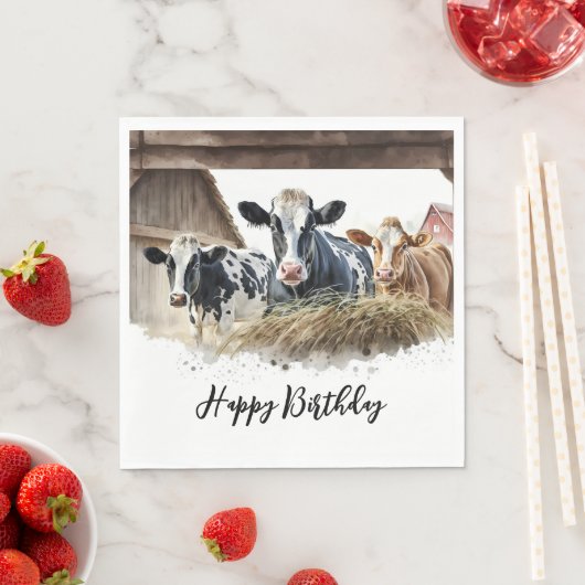 Serviette En Papier Vaches aquarelle d'anniversaire avec foin (En situation)
