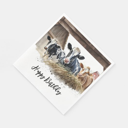 Serviette En Papier Vaches aquarelle d'anniversaire avec foin (Coin)