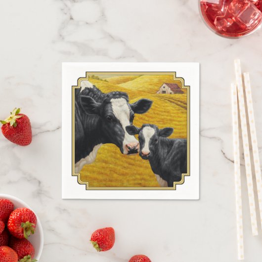 Serviette En Papier Vaches Holstein et vieille grange en bois (En situation)