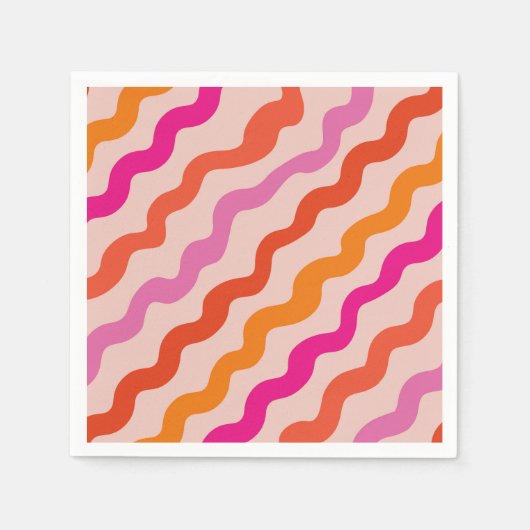 Serviette En Papier Vagues Abstraites rayées rétro rose rouge orange (Devant)