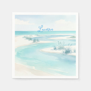 Serviette En Papier vagues de plage à l'aquarelle bleu pastel nom modi