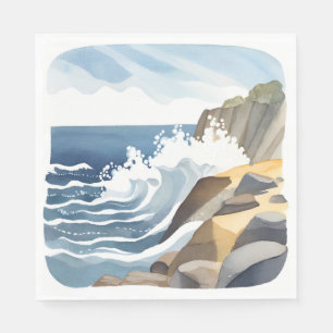 Serviette En Papier Vagues déferlantes Rivage côtier rocheux Aquarel
