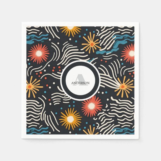 Serviette En Papier Vagues florales Abstraites sur noir (Devant)