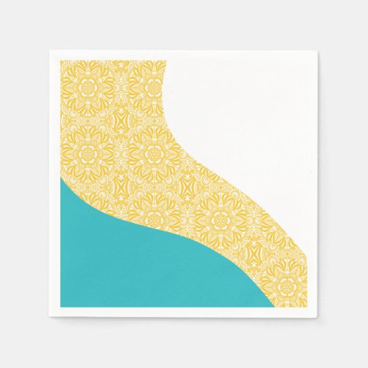 Serviette En Papier Vagues simples - Motif floral Turquoise et Jaune (Devant)