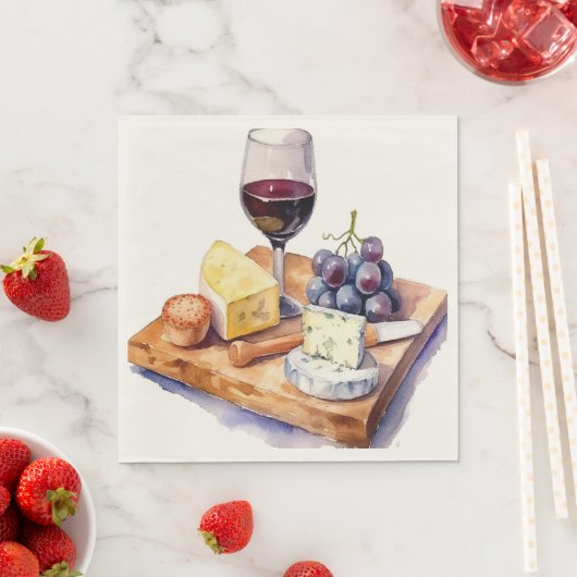Serviette En Papier Vaisseau Raisins Fromage Vin Verre Aquarelle (En situation)