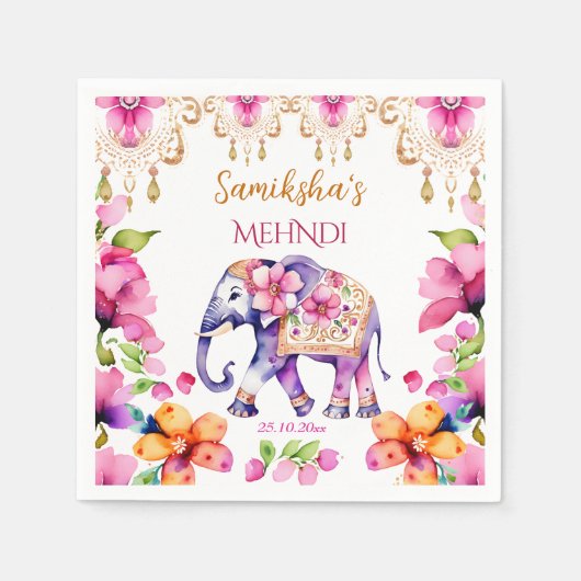 Serviette En Papier Vaisselle éléphant ornée mariage indien Mehndi (Devant)