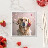 Serviette En Papier Valentine Golden Retriers Avec Rose Rouge (En situation)