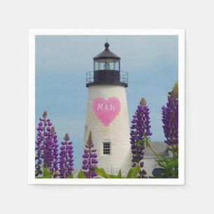Serviette En Papier Valentine Pink Watercolor Heart Initial Lighthouse