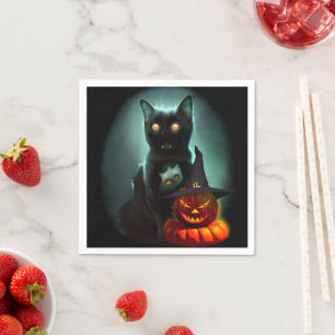 Serviette En Papier Vampire Chat et Assistant Citrouille Halloween Sur