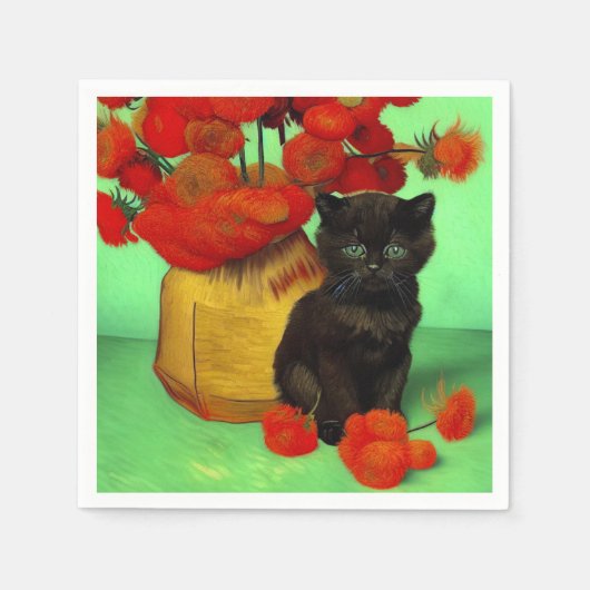 Serviette En Papier Van Gogh Black Kitten Fleurs rouges (Devant)