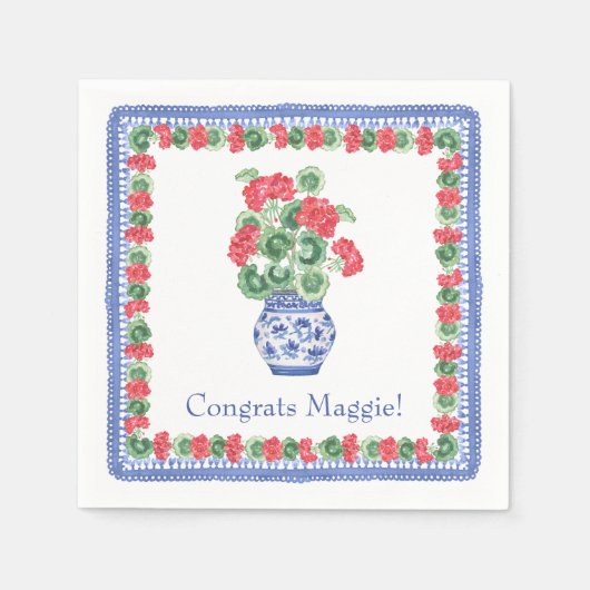 Serviette En Papier Vase de Chinoiserie des Geraniums rouges (Devant)