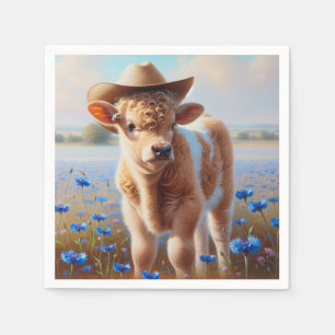 Serviette En Papier Veau Avec Casquette Cowboy En Pâturage