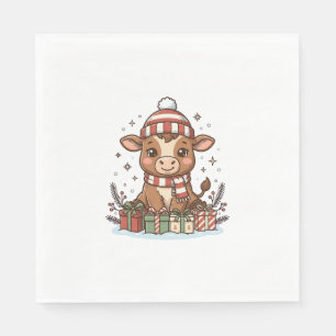 Serviette En Papier Veau de Noël mignon avec cadeaux Vintage Vectoriel