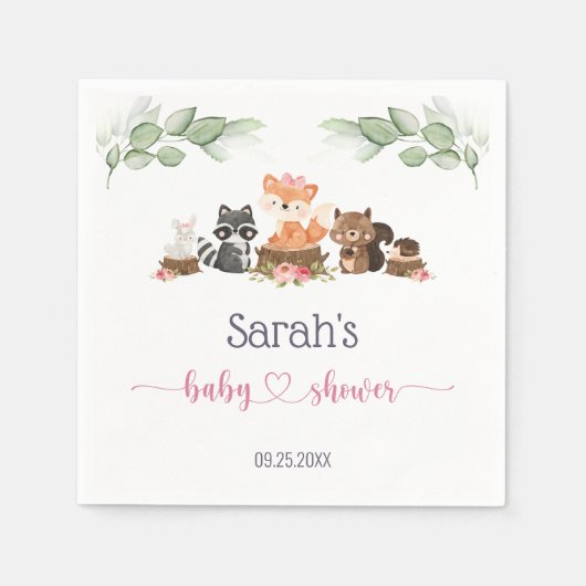 Serviette En Papier Végétation animale boisée Baby shower rose serviet (Devant)